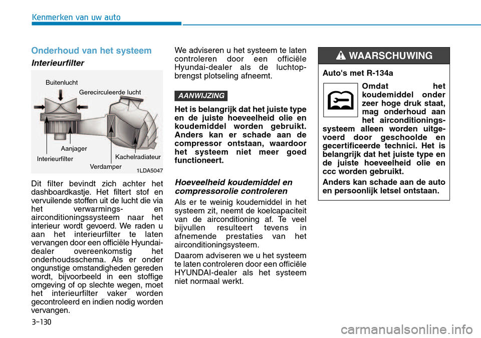 Hyundai Kona 2018  Handleiding (in Dutch) 3-130
Kenmerken van uw auto
Onderhoud van het systeem
Interieurfilter 
Dit filter bevindt zich achter het 
dashboardkastje. Het filtert stof en
vervuilende stoffen uit de lucht die via
het verwarmings