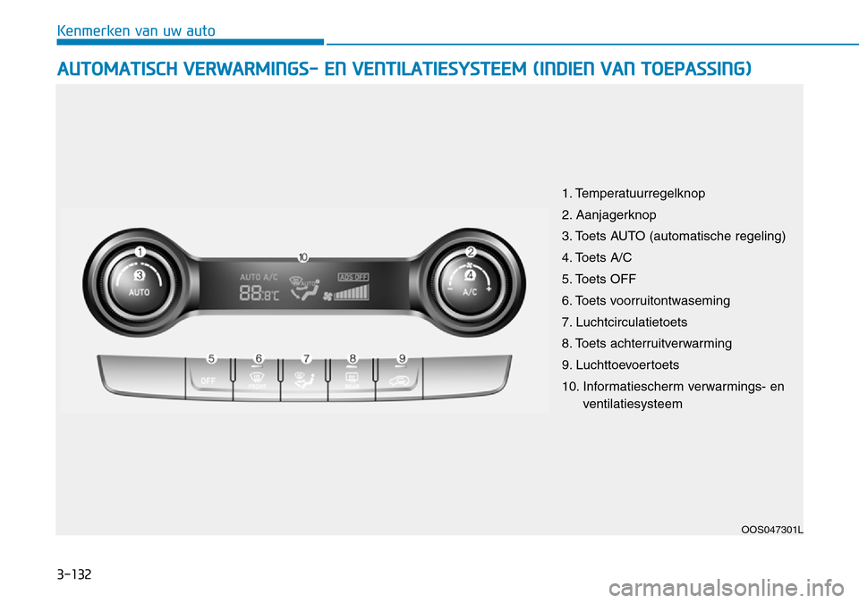 Hyundai Kona 2018  Handleiding (in Dutch) 3-132
Kenmerken van uw auto
AUTOMATISCH VERWARMINGS- EN VENTILATIESYSTEEM (INDIEN VAN TOEPASSING)
OOS047301L
1. Temperatuurregelknop 
2. Aanjagerknop
3. Toets AUTO (automatische regeling)
4. Toets A/C