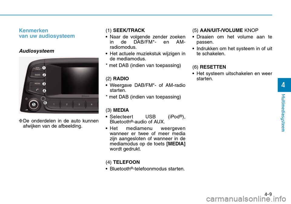 Hyundai Kona 2018 Handleiding (in Dutch) 4-9
Multimediasysteem
4
Kenmerken
van uw audiosysteem
Audiosysteem
❈De onderdelen in de auto kunnen
afwijken van de afbeelding. (1)
SEEK/TRACK
• Naar de volgende zender zoeken in de DAB/FM*- e Hyundai Kona 2018 Handleiding (in Dutch) 4-9
Multimediasysteem
4
Kenmerken
van uw audiosysteem
Audiosysteem
❈De onderdelen in de auto kunnen
afwijken van de afbeelding. (1)
SEEK/TRACK
• Naar de volgende zender zoeken in de DAB/FM*- e