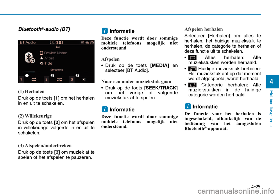 Hyundai Kona 2018  Handleiding (in Dutch) 4-25
Multimediasysteem
4
Bluetooth®-audio (BT) 
(1) Herhalen
Druk op de toets[1] om het herhalen
in en uit te schakelen.
(2) Willekeurige
Druk op de toets [2]om het afspelen
in willekeurige volgorde 