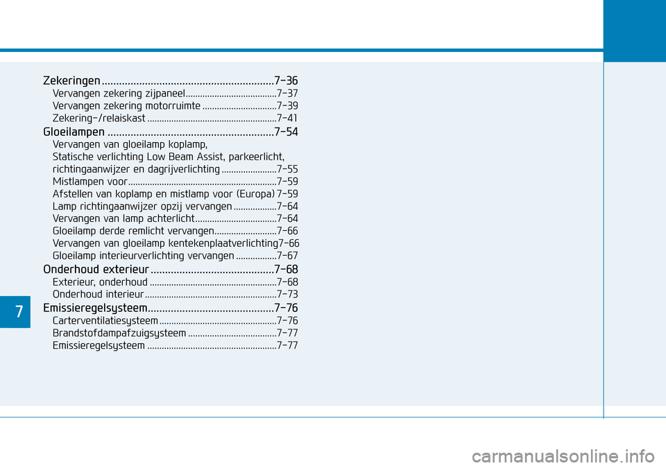 Hyundai Kona 2018  Handleiding (in Dutch) 7
Zekeringen ............................................................7-36Vervangen zekering zijpaneel......................................7-37 
Vervangen zekering motorruimte ....................