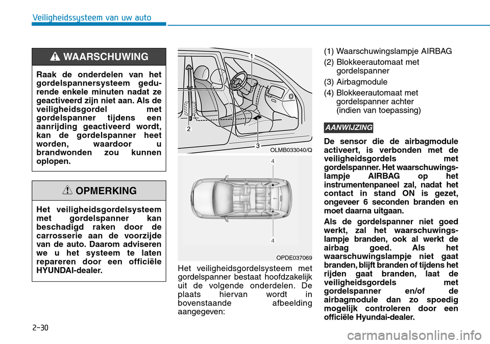 Hyundai Kona 2018 Handleiding (in Dutch) 2-30
Veiligheidssysteem van uw auto
Het veiligheidsgordelsysteem met
gordelspanner bestaat hoofdzakelijk
uit de volgende onderdelen. De
plaats hiervan wordt in
bovenstaande afbeelding
aangegeven:(1) Hyundai Kona 2018 Handleiding (in Dutch) 2-30
Veiligheidssysteem van uw auto
Het veiligheidsgordelsysteem met
gordelspanner bestaat hoofdzakelijk
uit de volgende onderdelen. De
plaats hiervan wordt in
bovenstaande afbeelding
aangegeven:(1)