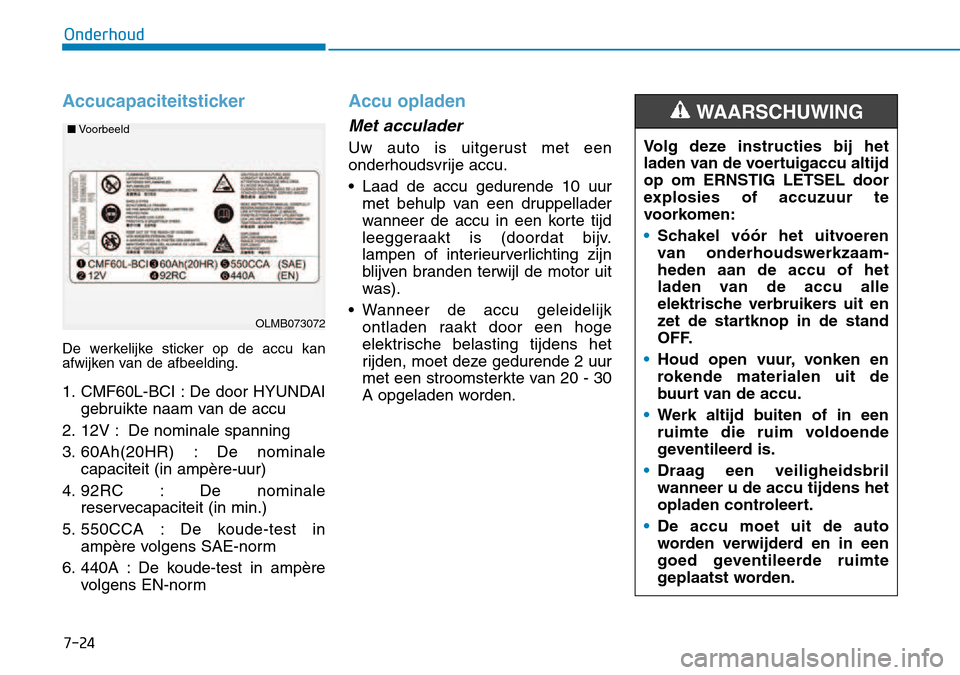 Hyundai Kona 2018  Handleiding (in Dutch) 7-24
Onderhoud
Accucapaciteitsticker
De werkelijke sticker op de accu kan 
afwijken van de afbeelding. 
1. CMF60L-BCI : De door HYUNDAIgebruikte naam van de accu
2. 12V : De nominale spanning 
3. 60Ah