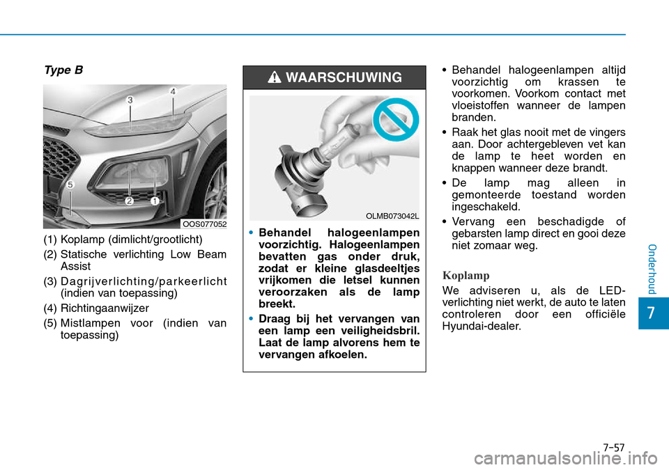 Hyundai Kona 2018  Handleiding (in Dutch) 7-57
7
Onderhoud
Type B
(1) Koplamp (dimlicht/grootlicht) 
(2) Statische verlichting Low BeamAssist
(3) D a g r i j v e r lichting/parkeerlicht
(indien van toepassing)
(4) Richtingaanwijzer(5)  Mistla