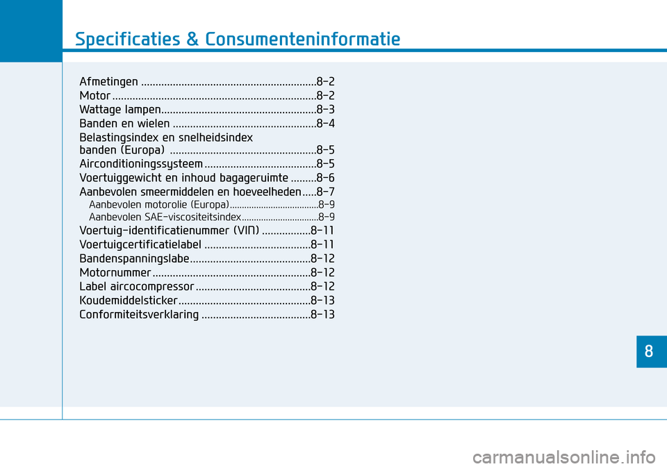 Hyundai Kona 2018  Handleiding (in Dutch) 8
Specificaties & Consumenteninformatie
8
Specificaties & Consumenteninformatie
8
Afmetingen .............................................................8-2 
Motor ...................................