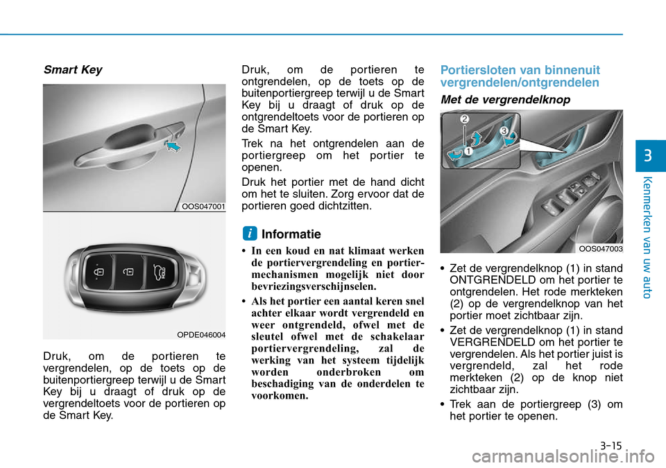 Hyundai Kona 2018 Handleiding (in Dutch) 3-15
Kenmerken van uw auto
3
Smart Key
Druk, om de portieren te
vergrendelen, op de toets op de
buitenportiergreep terwijl u de Smart
Key bij u draagt of druk op de
vergrendeltoets voor de portieren Hyundai Kona 2018 Handleiding (in Dutch) 3-15
Kenmerken van uw auto
3
Smart Key
Druk, om de portieren te
vergrendelen, op de toets op de
buitenportiergreep terwijl u de Smart
Key bij u draagt of druk op de
vergrendeltoets voor de portieren