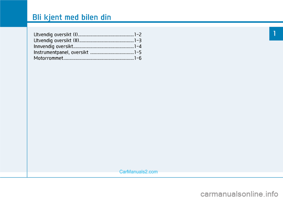 Hyundai Kona 2018  Brukerhåndbok (in Norwegian) Bli kjent med bilen din
1
Bli kjent med bilen din
1Utvendig oversikt (I)..............................................1-2 
Utvendig oversikt (II).............................................1-3
Innven