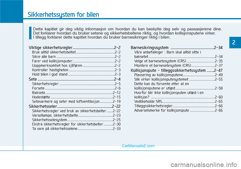 Hyundai Kona 2018  Brukerhåndbok (in Norwegian) Sikkerhetssystem for bilen
2
Viktige sikkerhetsregler........................................2-2Bruk alltid sikkerhetsbeltet .............................................2-2 
Sikre alle barn .........