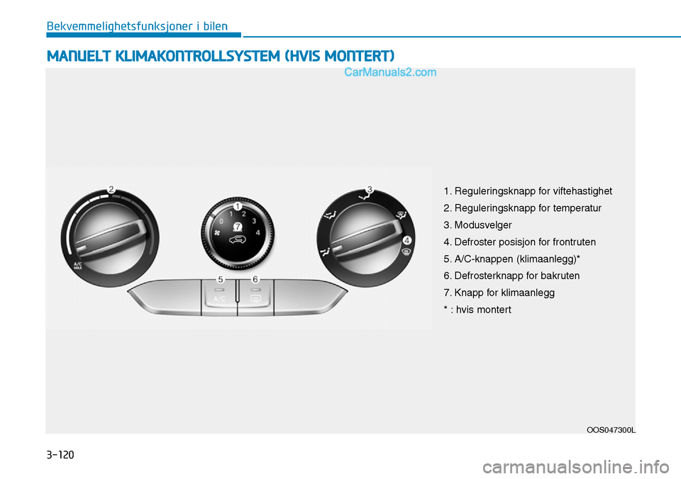 Hyundai Kona 2018  Brukerhåndbok (in Norwegian) 3-120
Bekvemmelighetsfunksjoner i bilen
MANUELT KLIMAKONTROLLSYSTEM (HVIS MONTERT)
OOS047300L
1. Reguleringsknapp for viftehastighet 
2. Reguleringsknapp for temperatur
3. Modusvelger
4. Defroster pos