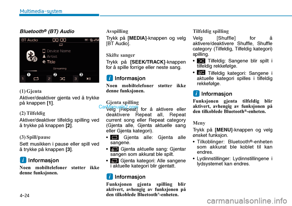 Hyundai Kona 2018  Brukerhåndbok (in Norwegian) 4-24
Multimedia-system
Bluetooth®(BT) Audio
(1) Gjenta
Aktiver/deaktiver gjenta ved 