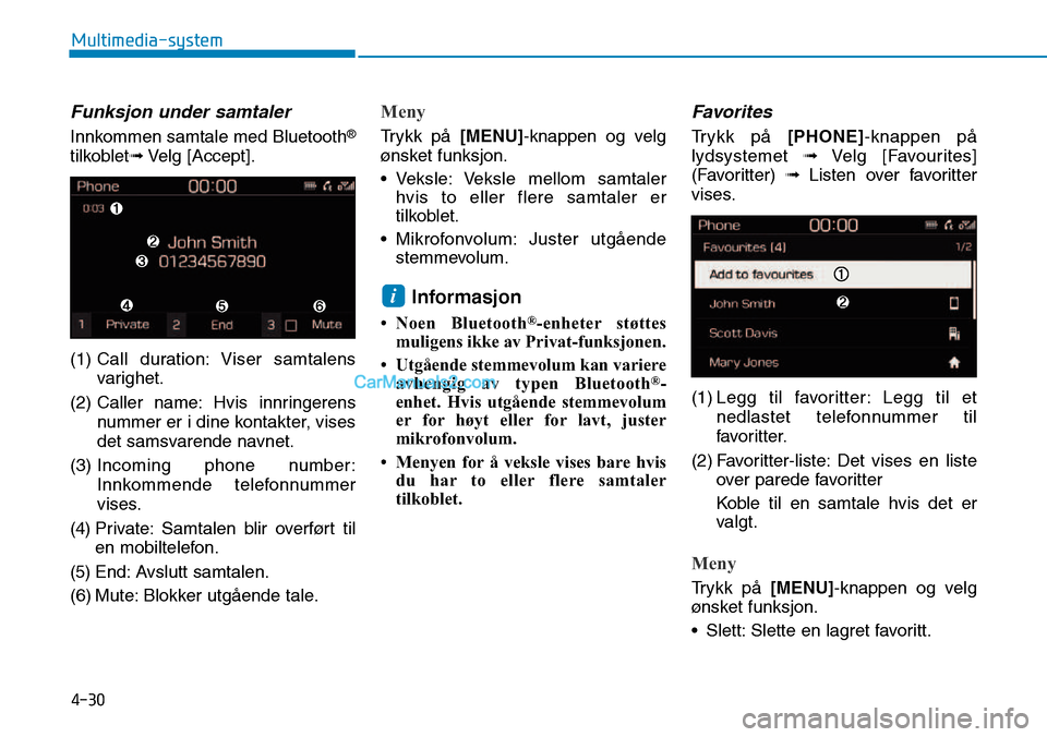 Hyundai Kona 2018  Brukerhåndbok (in Norwegian) 4-30
Multimedia-system
Funksjon under samtaler
Innkommen samtale med Bluetooth®
tilkoblet Velg [Accept].
(1)  Call duration: Viser samtalens 
varighet.
(2) Caller name: Hvis innringerens nummer er i