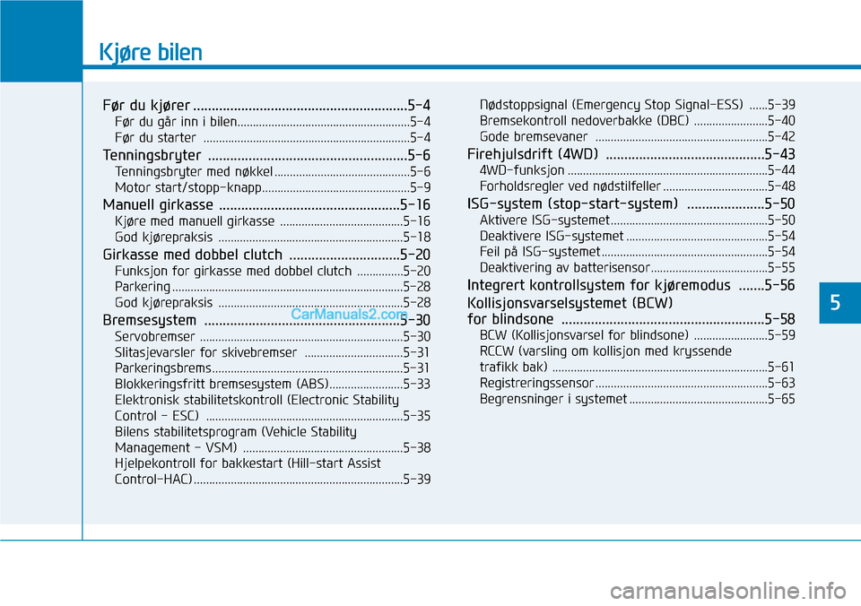 Hyundai Kona 2018  Brukerhåndbok (in Norwegian) Kjøre bilen
Før du kjører ..........................................................5-4Før du går inn i bilen........................................................5-4 
Før du starter  ........