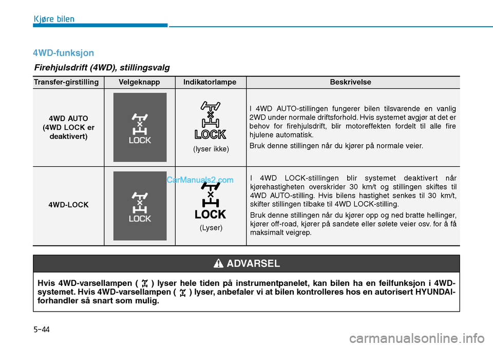 Hyundai Kona 2018 Brukerhåndbok (in Norwegian) 5-44
Kjøre bilen
4WD-funksjon
I 4WD LOCK-stillingen blir systemet deaktivert n Hyundai Kona 2018 Brukerhåndbok (in Norwegian) 5-44
Kjøre bilen
4WD-funksjon
I 4WD LOCK-stillingen blir systemet deaktivert n