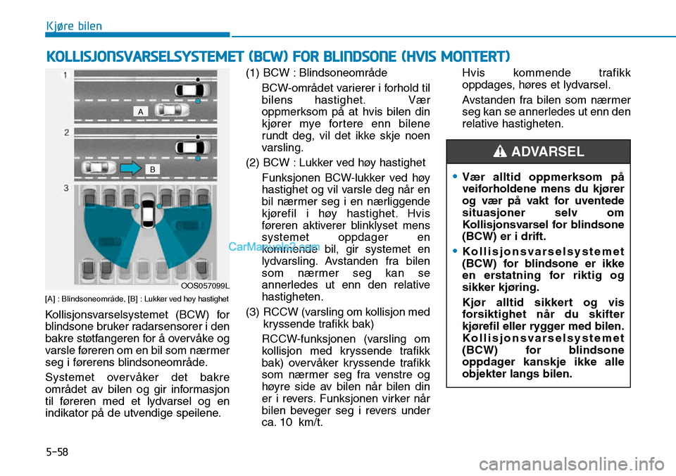 Hyundai Kona 2018  Brukerhåndbok (in Norwegian) 5-58
Kjøre bilen
[A] : Blindsoneomr