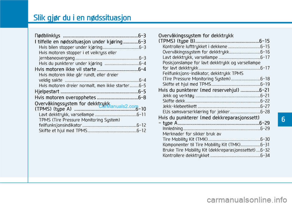 Hyundai Kona 2018 Brukerhåndbok (in Norwegian) Slik gjør du i en nødssituasjon
Nødblinklys ............................................................6-3
I tilfelle en nødssituasjon under kjøring ............6-3Hvis bilen stopper under kjø Hyundai Kona 2018 Brukerhåndbok (in Norwegian) Slik gjør du i en nødssituasjon
Nødblinklys ............................................................6-3
I tilfelle en nødssituasjon under kjøring ............6-3Hvis bilen stopper under kjø