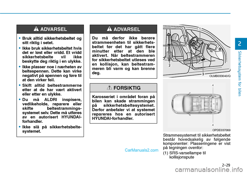 Hyundai Kona 2018  Brukerhåndbok (in Norwegian) 2-29
Sikkerhetssystem for bilen
2
Strammesystemet til sikkerhetsbeltet 
best