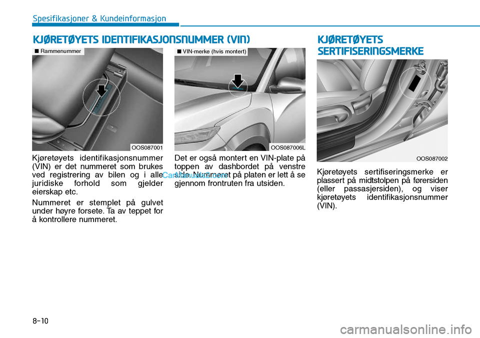 Hyundai Kona 2018  Brukerhåndbok (in Norwegian) 8-10
Spesifikasjoner & Kundeinformasjon
Kjøretøyets identifikasjonsnummer 
(VIN) er det nummeret som brukes
ved registrering av bilen og i alle
juridiske forhold som gjeldereierskap etc. 
Nummeret e