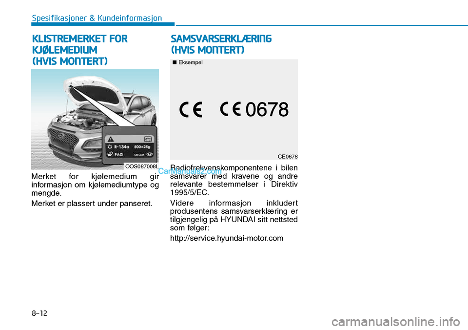 Hyundai Kona 2018  Brukerhåndbok (in Norwegian) 8-12
Spesifikasjoner & Kundeinformasjon
Merket for kjølemedium gir 
informasjon om kjølemediumtype og
mengde. 
Merket er plassert under panseret.Radiofrekvenskomponentene i bilen 
samsvarer med krav