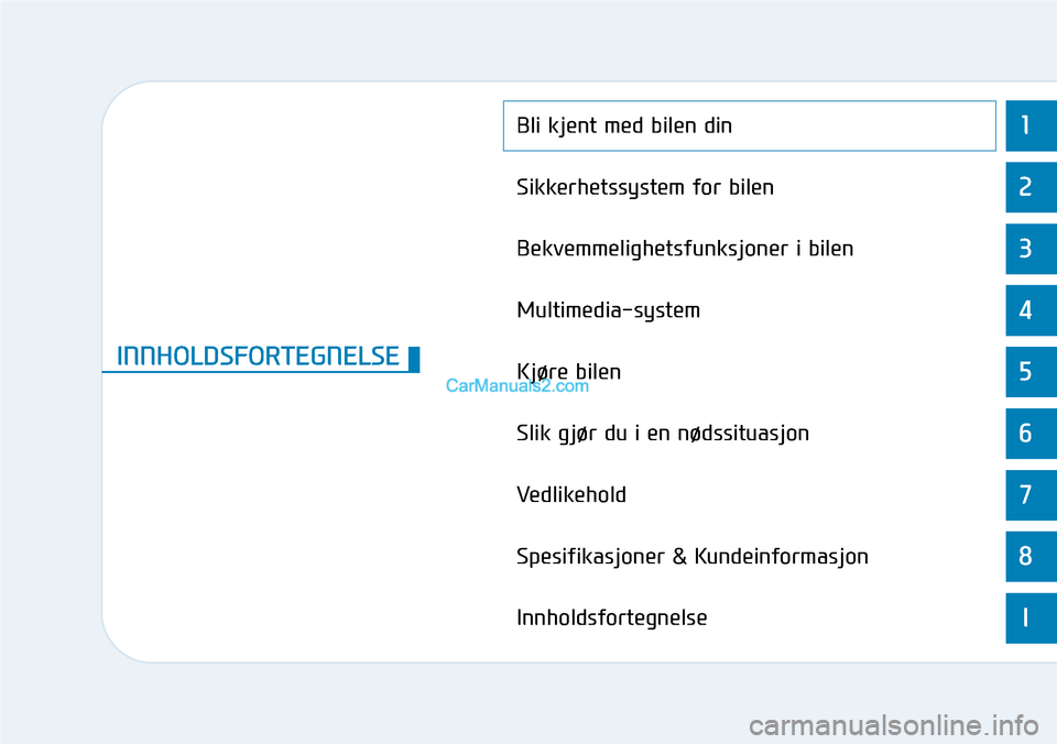 Hyundai Kona 2018 Brukerhåndbok (in Norwegian) 1
2
3
4
5
6
7
8
I
Bli kjent med bilen din
Sikkerhetssystem for bilen
Bekvemmelighetsfunksjoner i bilen
Multimedia-system
Kjøre bilen
Slik gjør du i en nødssituasjon
Vedlikehold
Spesifikasjoner & Ku Hyundai Kona 2018 Brukerhåndbok (in Norwegian) 1
2
3
4
5
6
7
8
I
Bli kjent med bilen din
Sikkerhetssystem for bilen
Bekvemmelighetsfunksjoner i bilen
Multimedia-system
Kjøre bilen
Slik gjør du i en nødssituasjon
Vedlikehold
Spesifikasjoner & Ku