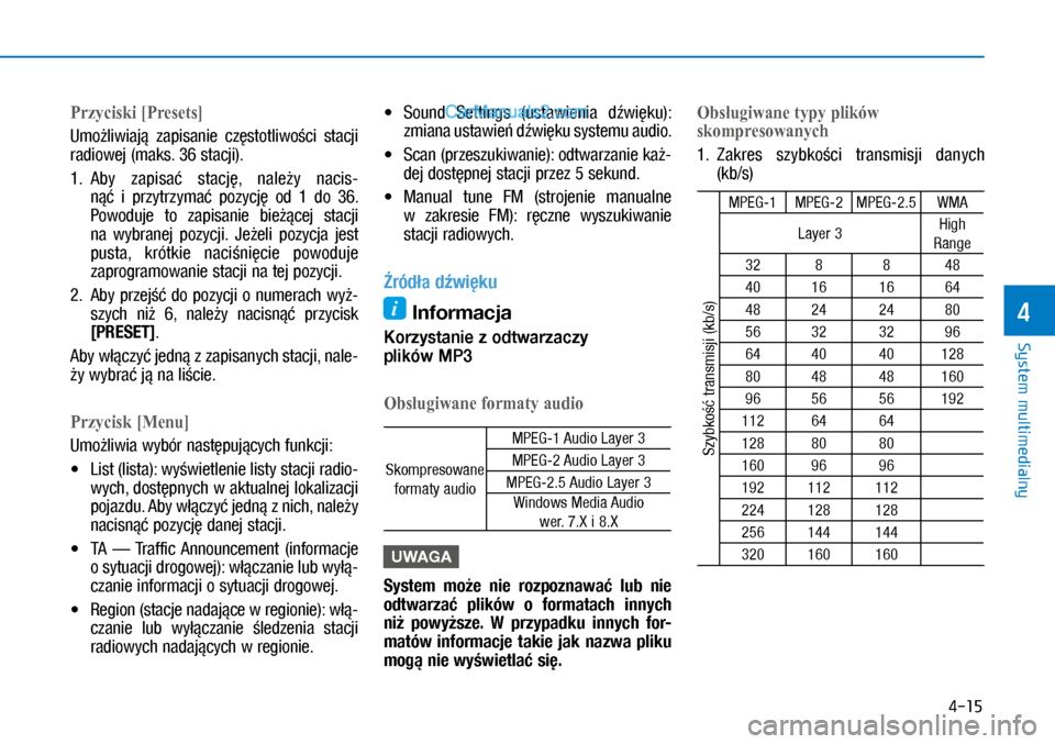 Hyundai Kona 2018  Instrukcja Obsługi (in Polish) 4-15
System multimedialny
4
Przyciski �>Presets�@
Umożliwiają  zapisanie  częstotliwości  stacji 
radiowej (maks. 36 stacji).
1.  Aby  zapisać  stację,  należy  nacis-
nąć  i przytrzymać  p