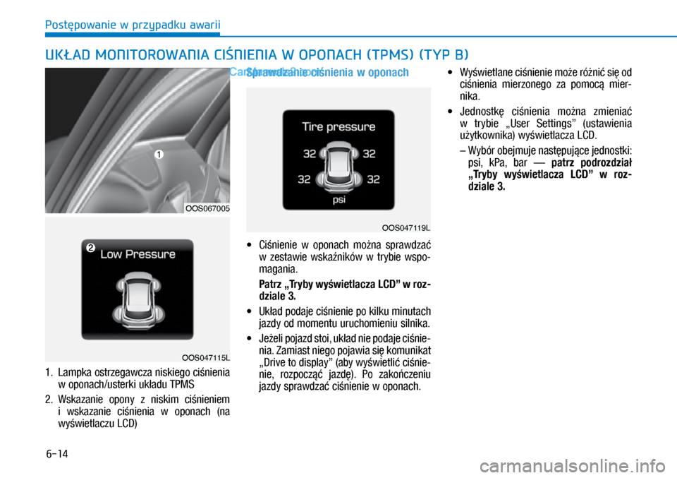 Hyundai Kona 2018  Instrukcja Obsługi (in Polish) 6-14
Postępowanie w przypadku awarii
1.   Lampka ostrzegawcza niskiego ciśnienia 
w oponach/usterki układu TPMS
2.   Wskazanie  opony  z niskim  ciśnieniem 
i wskazanie  ciśnienia  w oponach 