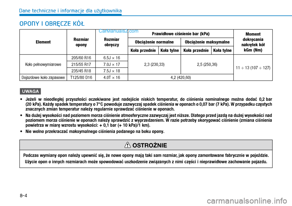 Hyundai Kona 2018 Instrukcja Obsługi (in Polish) 8-4
Dane techniczne i informacje dla użytkownika
ElementRozmiar
opony
Rozmiar
obręczy
Prawidłowe ciśnienie bar (kPa)Moment
dokręcania
nakrętek kół
kGm (Nm)
Obciążenie normalneObciąże Hyundai Kona 2018 Instrukcja Obsługi (in Polish) 8-4
Dane techniczne i informacje dla użytkownika
ElementRozmiar
opony
Rozmiar
obręczy
Prawidłowe ciśnienie bar (kPa)Moment
dokręcania
nakrętek kół
kGm (Nm)
Obciążenie normalneObciąże
