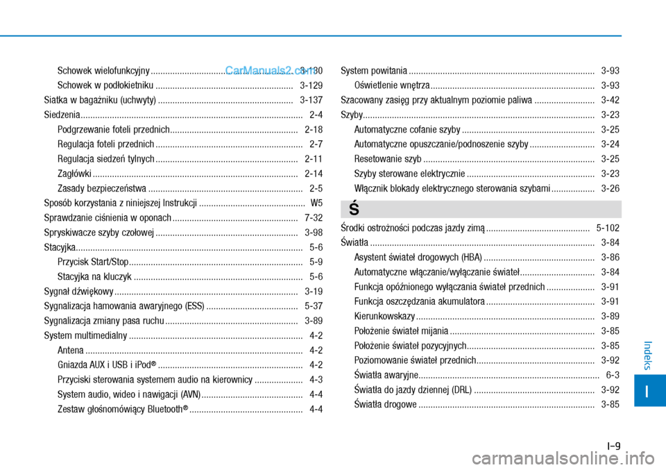 Hyundai Kona 2018  Instrukcja Obsługi (in Polish) I-9
I
Indeks
Schowek wielofunkcyjny ...........................................................  3-130
Schowek w podłokietniku .........................................................  3-129
Siatka