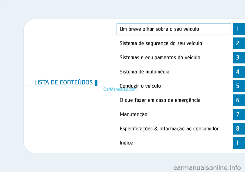 Hyundai Kona 2018  Manual do proprietário (in Portuguese) 1
2
3
4
5
6
7
8
I
Um breve olhar sobre o seu veículo
Sistema de segurança do seu veículo
Sistemas e equipamentos do veículo
Sistema de multimédia
Conduzir o veículo
O que fazer em caso de emerg