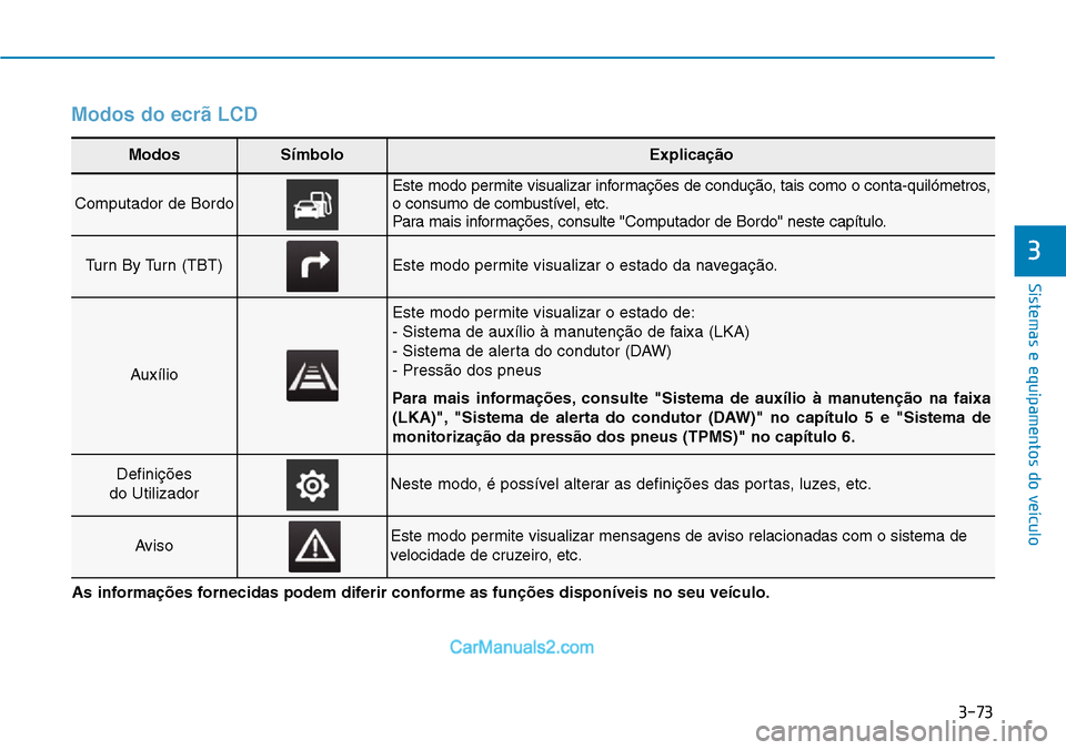 Hyundai Kona 2018  Manual do proprietário (in Portuguese) 3-73
Sistemas e equipamentos do veículo
3
Modos do ecr