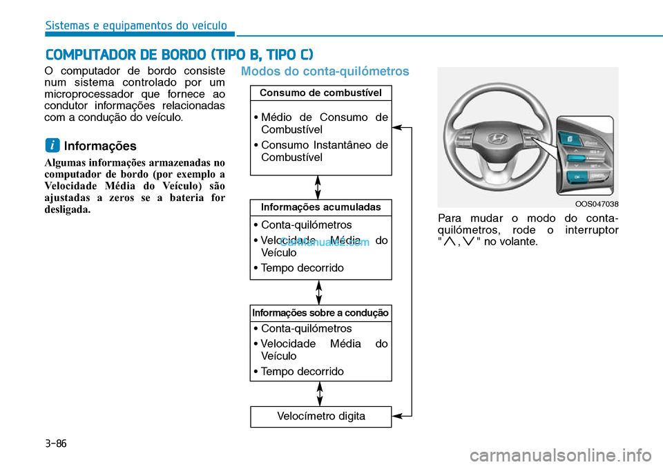 Hyundai Kona 2018  Manual do proprietário (in Portuguese) 3-86
Sistemas e equipamentos do veículo
O computador de bordo consiste 
num sistema controlado por um
microprocessador que fornece ao
condutor informaç
