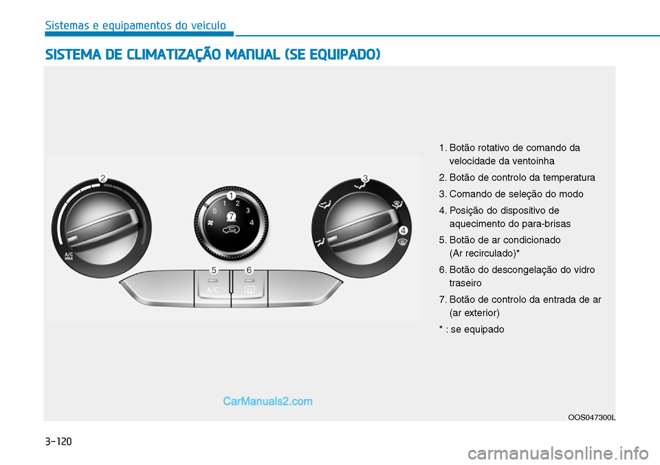 Hyundai Kona 2018  Manual do proprietário (in Portuguese) 3-120
Sistemas e equipamentos do veículo
SISTEMA DE CLIMATIZAÇÃO MANUAL (SE EQUIPADO)
OOS047300L
1. Bot
