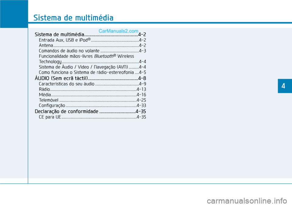 Hyundai Kona 2018 Manual do proprietário (in Portuguese) Sistema de multimédia
Sistema de multimédia...........................................4-2Entrada Aux, USB e iPod ®
..............................................4-2
Antena ......................... Hyundai Kona 2018 Manual do proprietário (in Portuguese) Sistema de multimédia
Sistema de multimédia...........................................4-2Entrada Aux, USB e iPod ®
..............................................4-2
Antena .........................