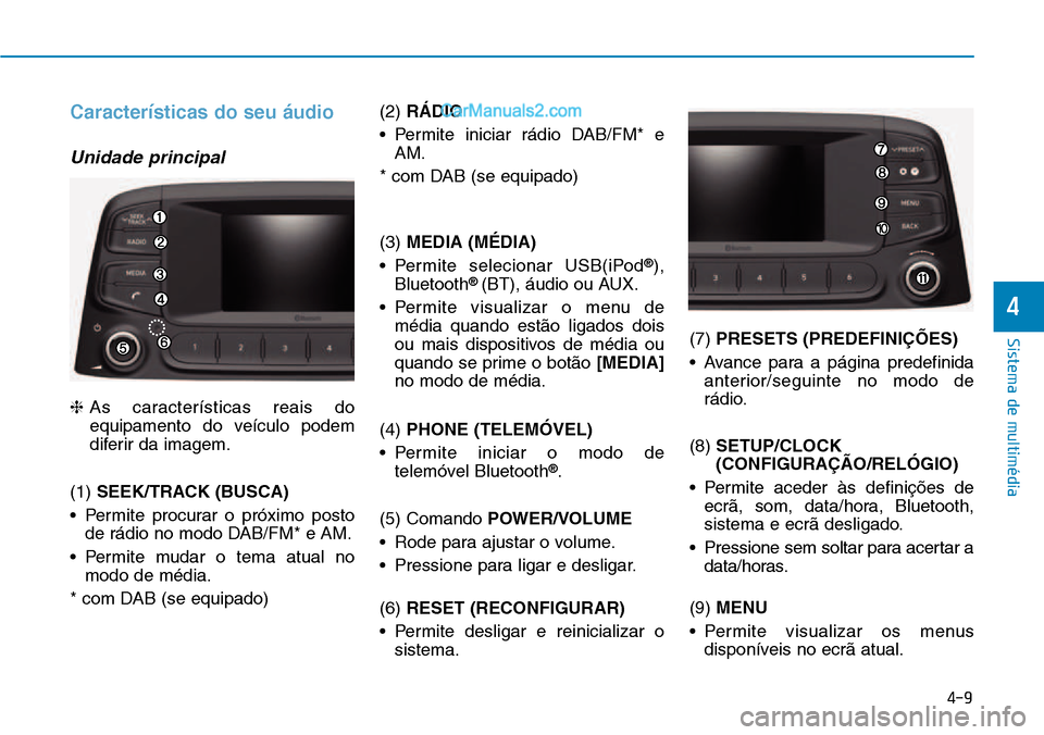 Hyundai Kona 2018 Manual do proprietário (in Portuguese) 4-9
Sistema de multimédia
4
Características do seu áudio
Unidade principal
❈As características reais do
equipamento do veículo podem
diferir da imagem.
(1) SEEK/TRACK (BUSCA)
• Permite proc Hyundai Kona 2018 Manual do proprietário (in Portuguese) 4-9
Sistema de multimédia
4
Características do seu áudio
Unidade principal
❈As características reais do
equipamento do veículo podem
diferir da imagem.
(1) SEEK/TRACK (BUSCA)
• Permite proc