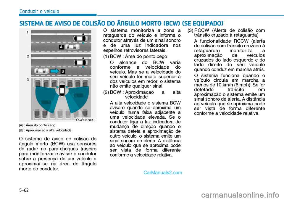 Hyundai Kona 2018  Manual do proprietário (in Portuguese) 5-62
Conduzir o veículo
[A] : Área do ponto cego 
[B] : Aproximacao a alta velocidade 
O sistema de aviso de colis