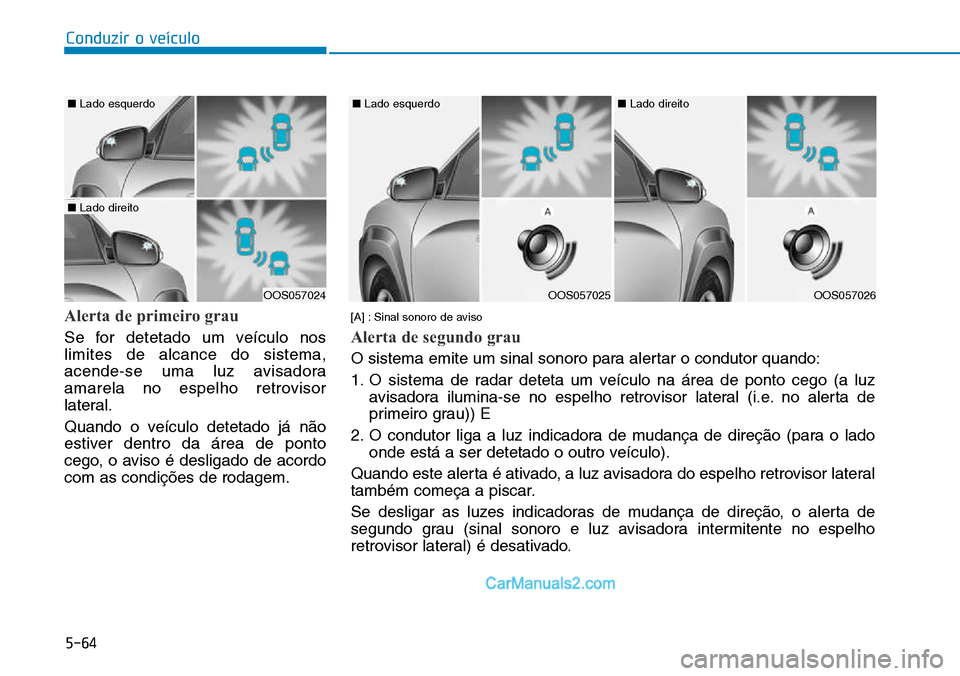 Hyundai Kona 2018 Manual do proprietário (in Portuguese) 5-64
Conduzir o veículo
Alerta de primeiro grau
Se for detetado um veículo nos limites de alcance do sistema,
acende-se uma luz avisadora
amarela no espelho retrovisor
lateral.
Quando o veículo de Hyundai Kona 2018 Manual do proprietário (in Portuguese) 5-64
Conduzir o veículo
Alerta de primeiro grau
Se for detetado um veículo nos limites de alcance do sistema,
acende-se uma luz avisadora
amarela no espelho retrovisor
lateral.
Quando o veículo de