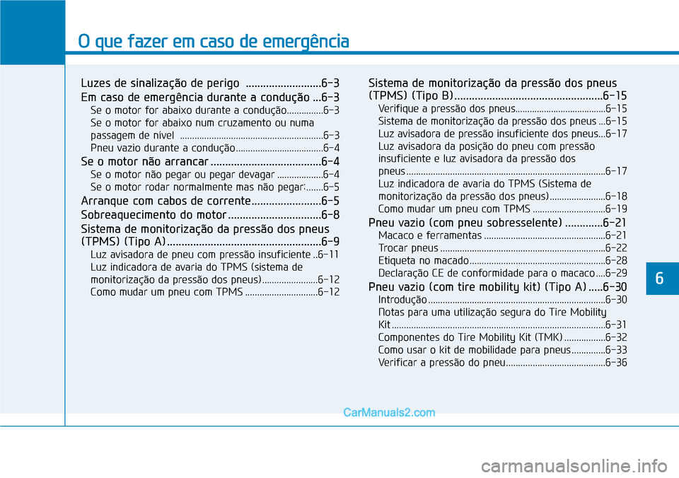 Hyundai Kona 2018  Manual do proprietário (in Portuguese) O que fazer em caso de emergência
Luzes de sinalização de perigo  ..........................6-3 
Em caso de emergência durante a condução ...6-3Se o motor for abaixo durante a condução........