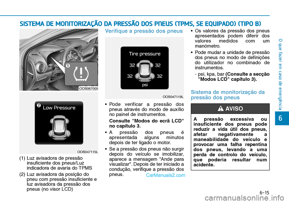 Hyundai Kona 2018 Manual do proprietário (in Portuguese) 6-15
O que fazer em caso de emergência
6
(1) Luz avisadora de press Hyundai Kona 2018 Manual do proprietário (in Portuguese) 6-15
O que fazer em caso de emergência
6
(1) Luz avisadora de press