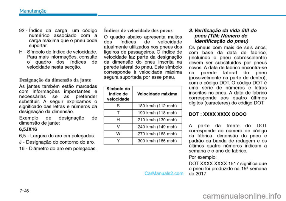 Hyundai Kona 2018  Manual do proprietário (in Portuguese) 7-46
Manutenção
92 - Índice da carga, um códigonumérico associado com a carga máxima que o pneu pode
suportar.
H  - Símbolo do índice de velocidade. Para mais informaç