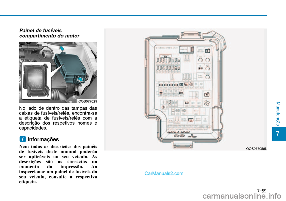 Hyundai Kona 2018  Manual do proprietário (in Portuguese) 7-59
7
Manutenção
Painel de fusíveiscompartimento do motor 
No lado de dentro das tampas das 
caixas de fusíveis/relés, encontra-se
a etiqueta de fusíveis/relés com a
descriç