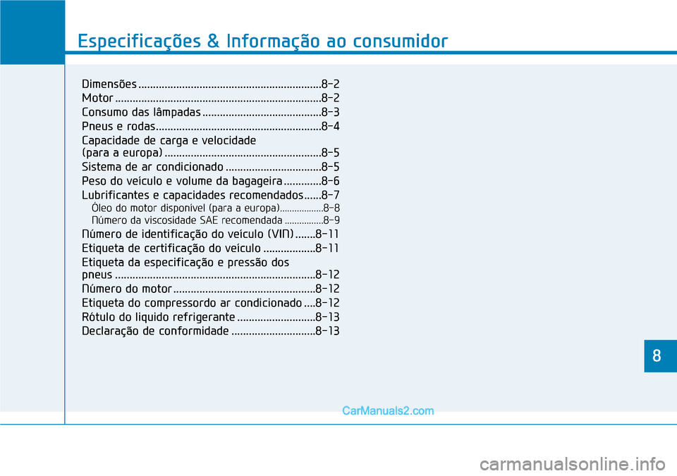 Hyundai Kona 2018  Manual do proprietário (in Portuguese) 8
Especificações & Informação ao consumidor
8
Especificaç