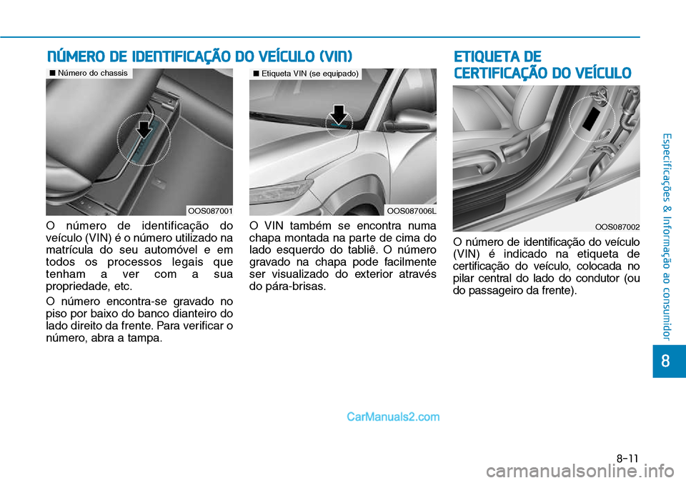 Hyundai Kona 2018 Manual do proprietário (in Portuguese) 8-11
8
Especificações & Informação ao consumidor
O n Hyundai Kona 2018 Manual do proprietário (in Portuguese) 8-11
8
Especificações & Informação ao consumidor
O n