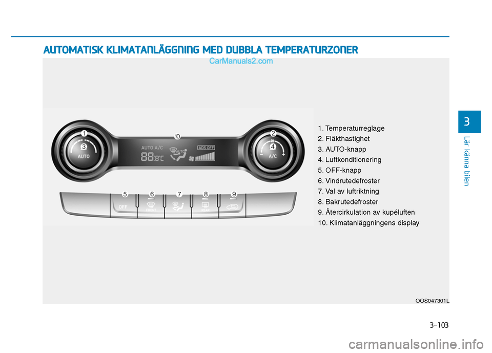 Hyundai Kona 2018  Ägarmanual (in Swedish) 3-103
Lär känna bilen
3
AUTOMATISK KLIMATANLÄGGNING MED DUBBLA TEMPERATURZONER
OOS047301L
1. Temperaturreglage 
2. Fläkthastighet 
3. AUTO-knapp
4. Luftkonditionering 
5. OFF-knapp
6. Vindrutedefr