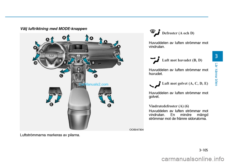 Hyundai Kona 2018  Ägarmanual (in Swedish) 3-105
Lär känna bilen
3
Defroster (A och D)
Huvuddelen av luften str