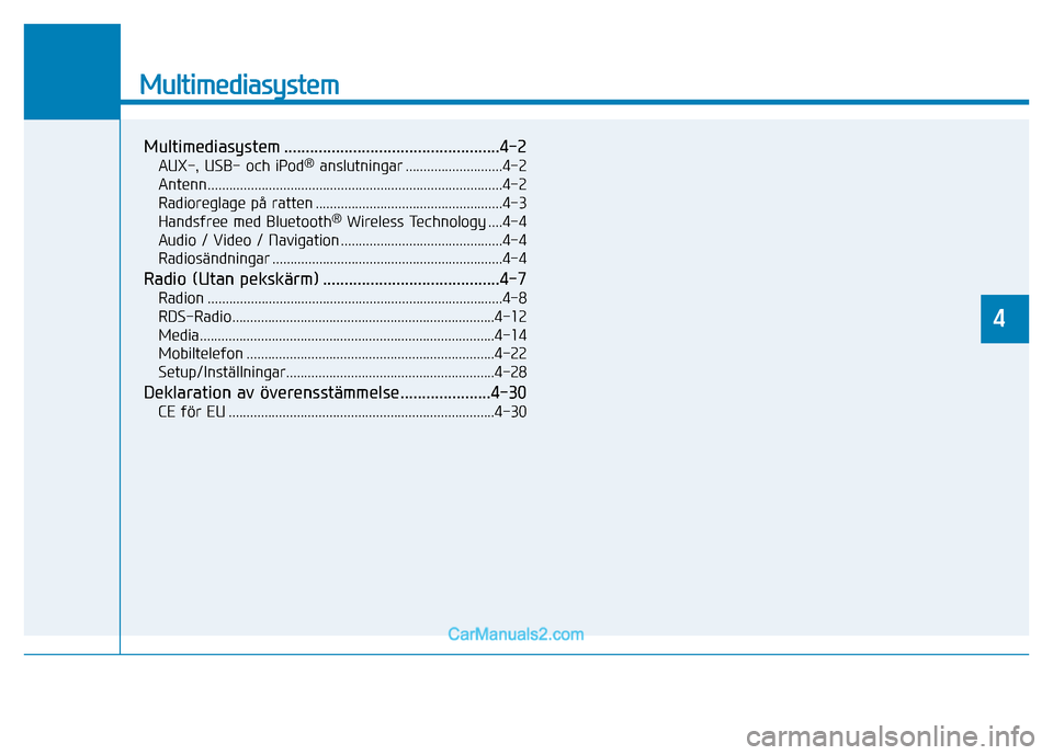 Hyundai Kona 2018  Ägarmanual (in Swedish) Multimediasystem
Multimediasystem ..................................................4-2AUX-, USB- och iPod ®
anslutningar ...........................4-2
Antenn........................................