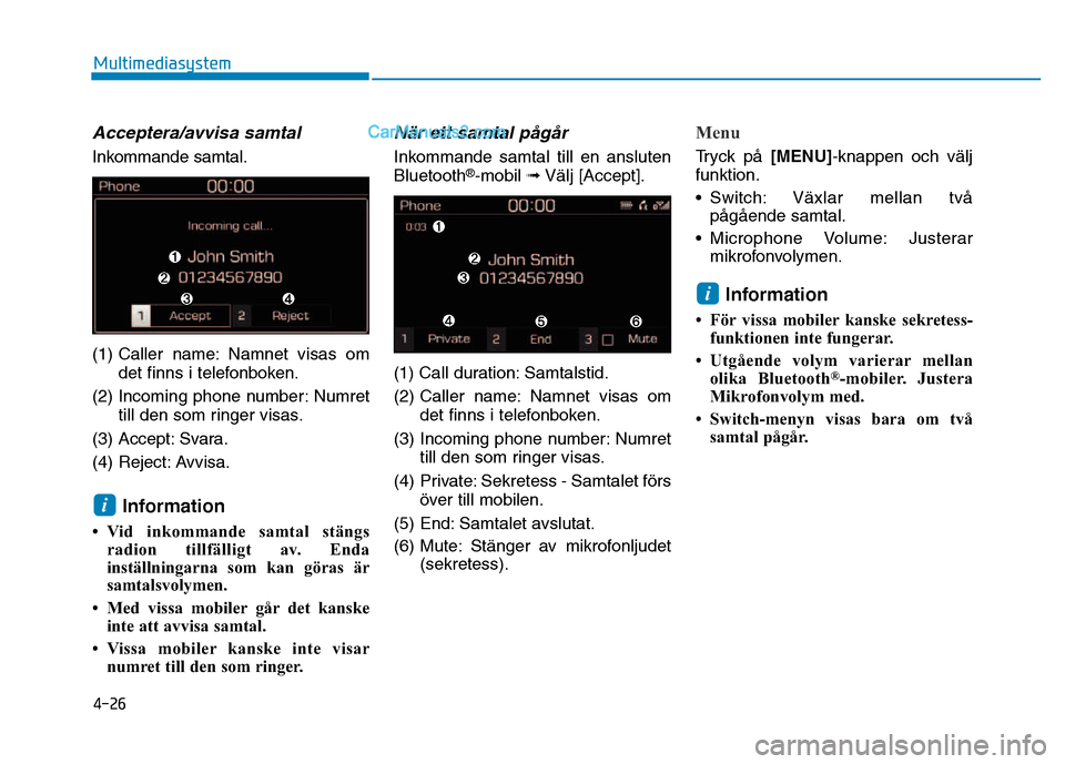 Hyundai Kona 2018  Ägarmanual (in Swedish) 4-26
Multimediasystem
Acceptera/avvisa samtal
Inkommande samtal. 
(1) Caller name: Namnet visas omdet finns i telefonboken.
(2) Incoming phone number: Numret till den som ringer visas.
(3) Accept: Sva