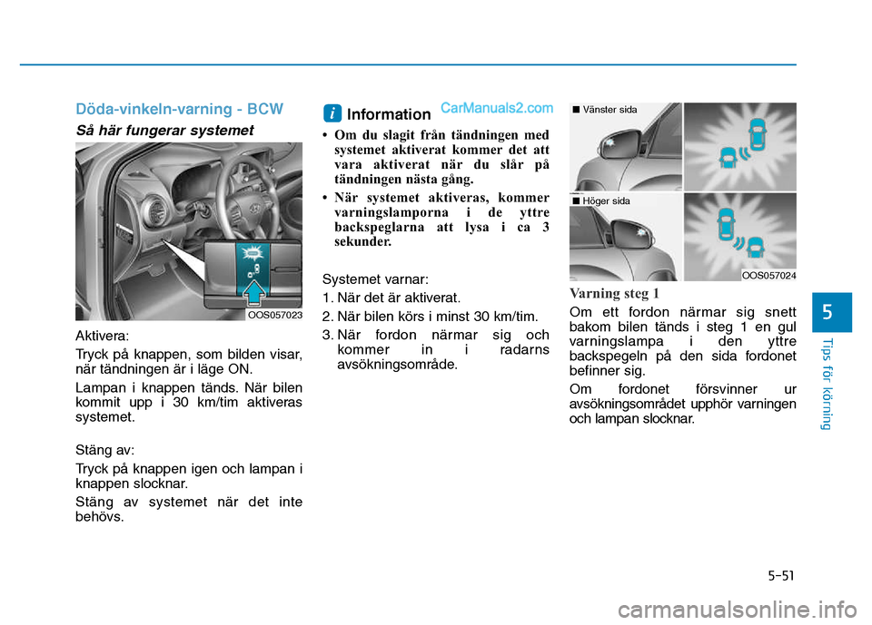 Hyundai Kona 2018 Ägarmanual (in Swedish) 5-51
Tips för körning
5
Döda-vinkeln-varning - BCW
S Hyundai Kona 2018 Ägarmanual (in Swedish) 5-51
Tips för körning
5
Döda-vinkeln-varning - BCW
S