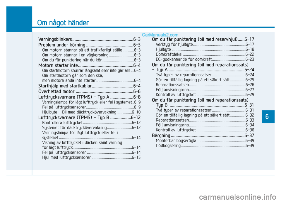 Hyundai Kona 2018  Ägarmanual (in Swedish) Om något händer
Varningsblinkers .....................................................6-3 
Problem under körning .........................................6-3Om motorn stannar på ett trafikfarligt 