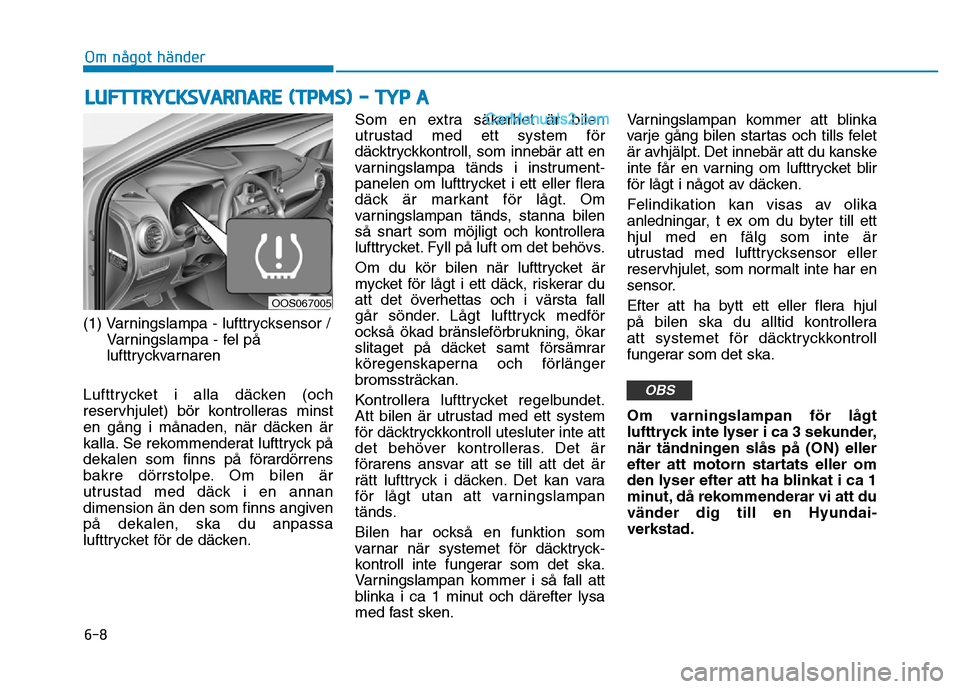 Hyundai Kona 2018  Ägarmanual (in Swedish) 6-8
Om något händer
(1) Varningslampa - lufttrycksensor /Varningslampa - fel p