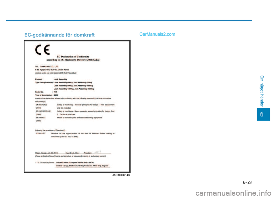 Hyundai Kona 2018  Ägarmanual (in Swedish) 6-23
Om något händer
6
JACKDOC14S
EC-godkännande f