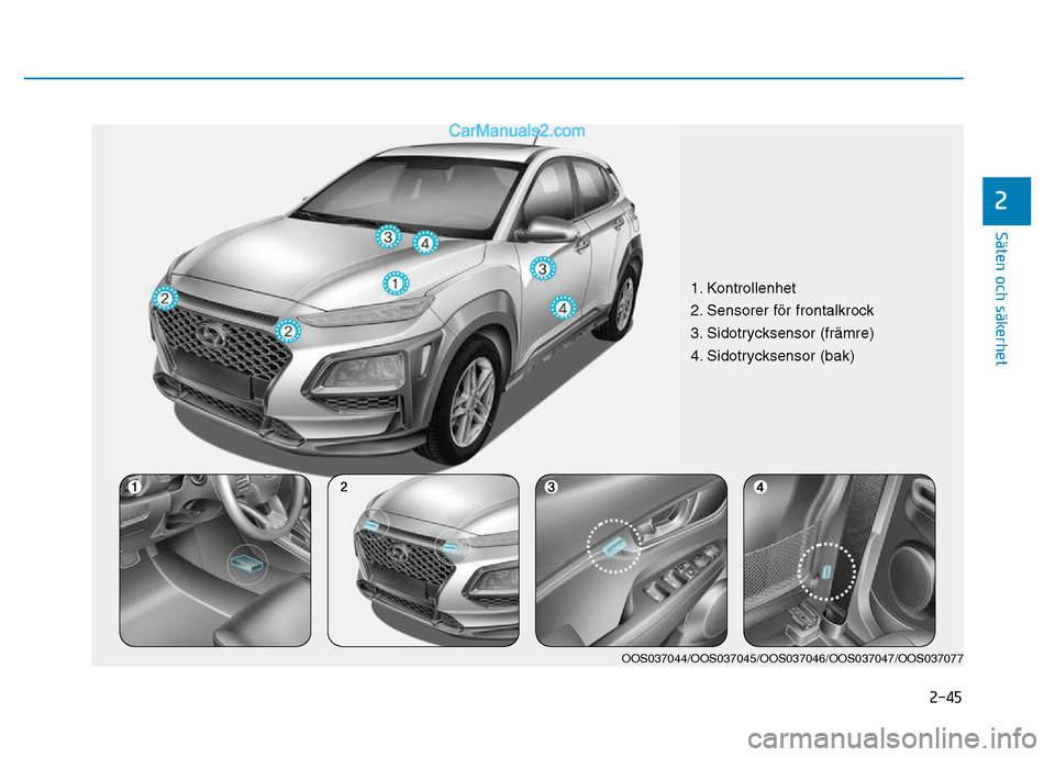 Hyundai Kona 2018  Ägarmanual (in Swedish) 2-45
Säten och säkerhet 
2
1. Kontrollenhet 
2. Sensorer f